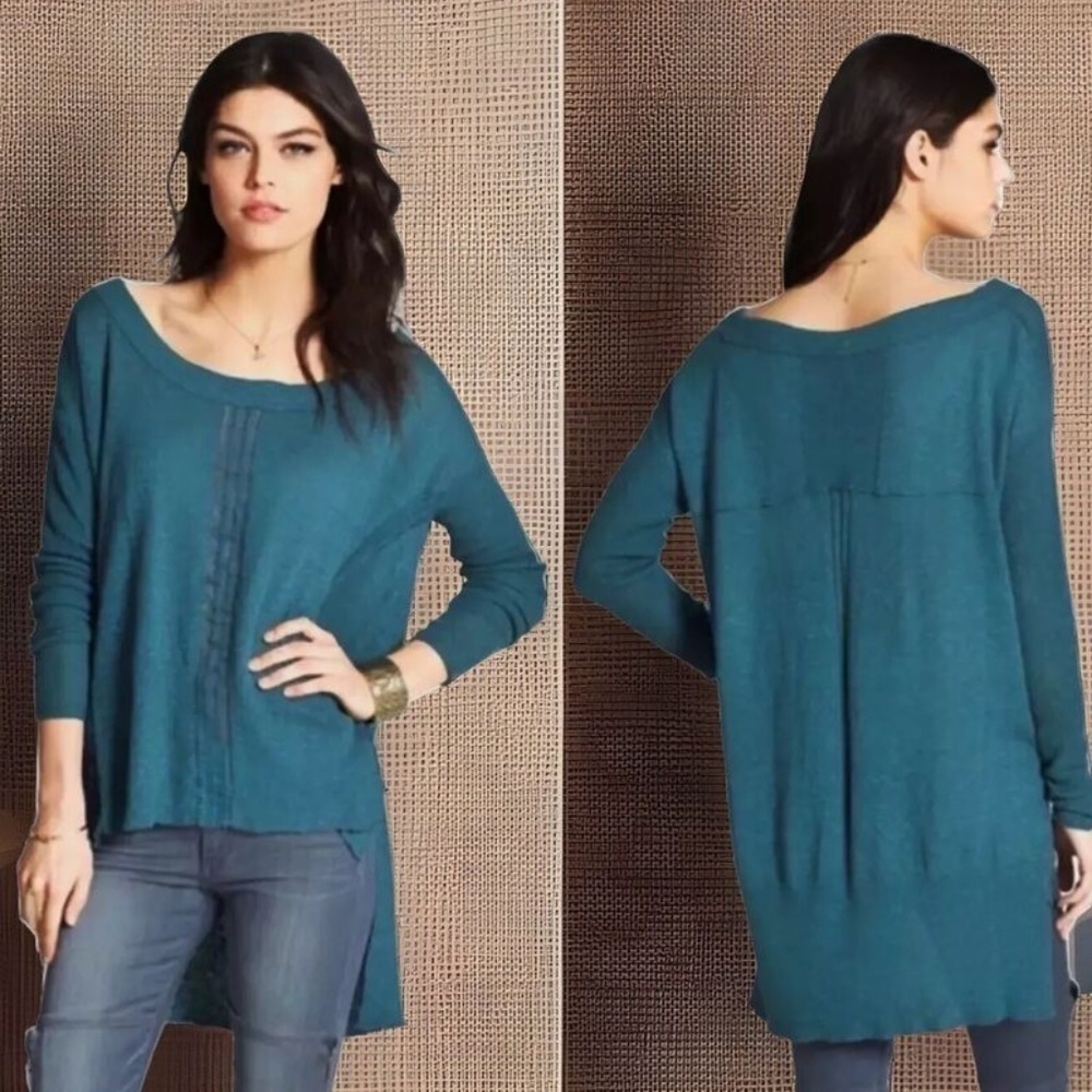 Free People Lace Road High Low Tunic Sweater Linen Cotton Teal Size XS